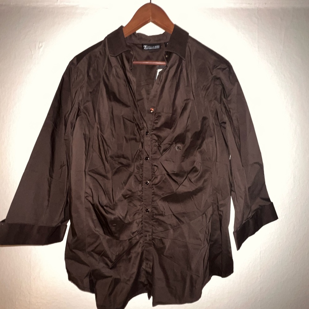 New York & Company Brown Ruched 3/4 Sleeve Button Down, Size XL - NWT